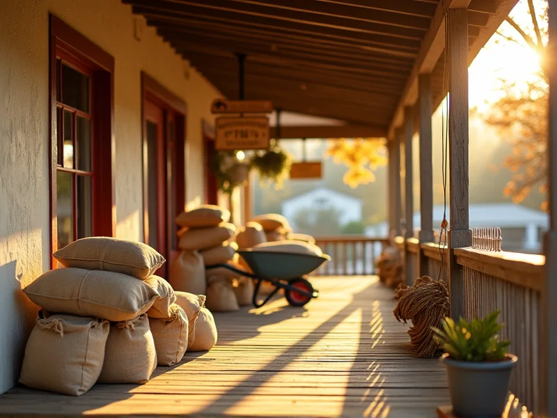 Prairie Post's feed-store porch at morning, illustrative placeholder